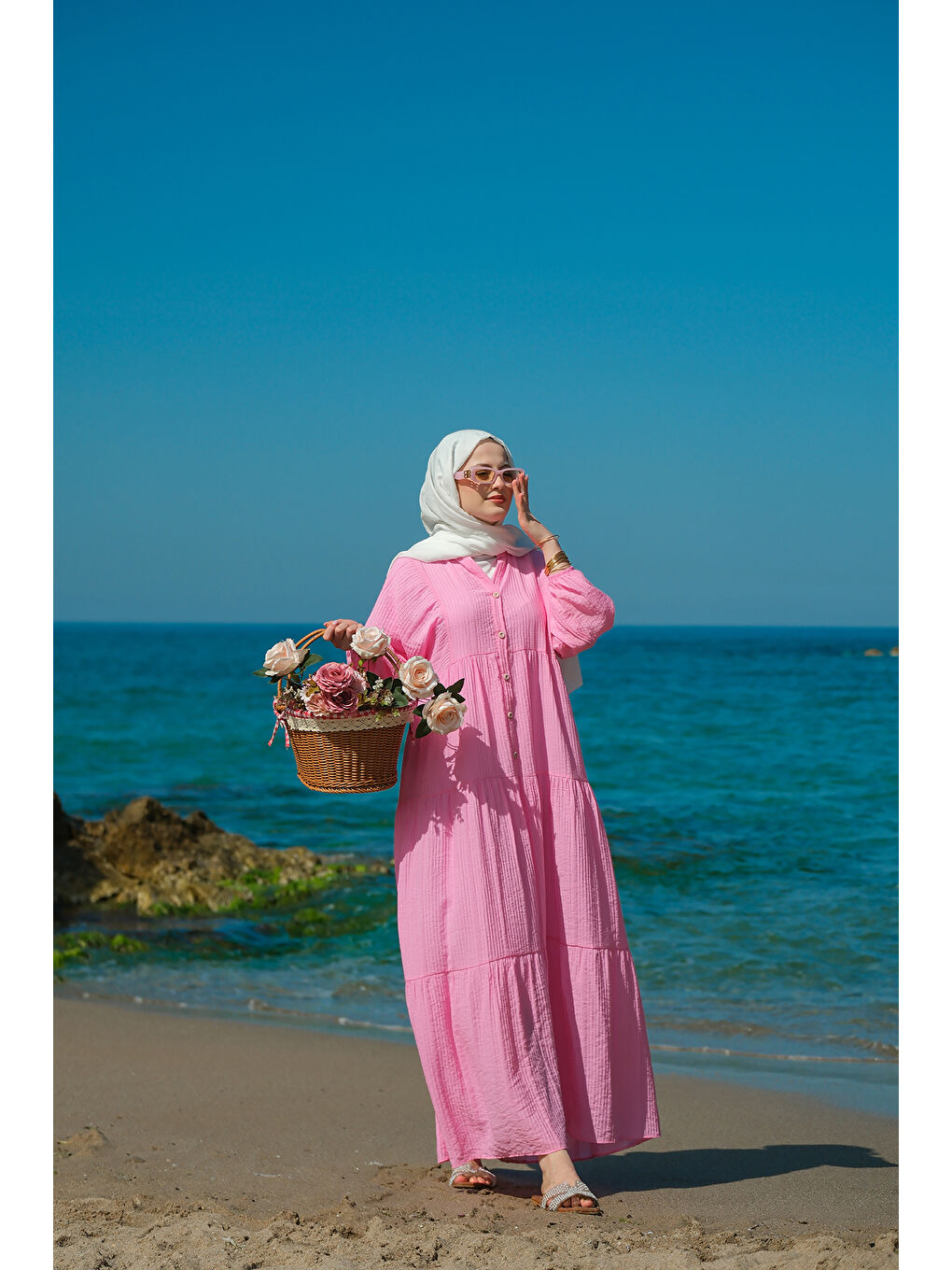 Kadın Kendinden Desenli Elbise Pembe-3