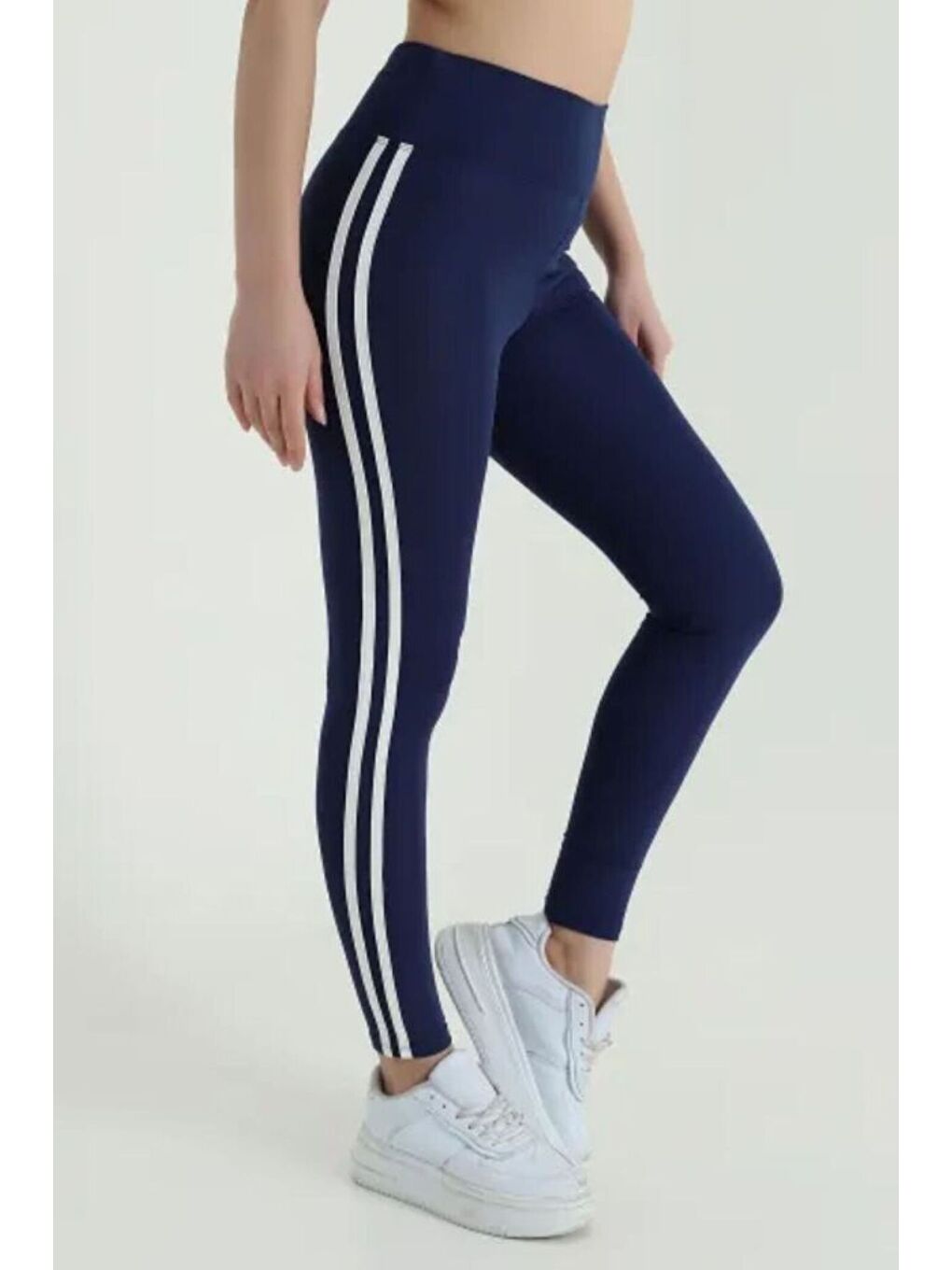 Mavi Kadın Ekstra Yüksek Bel Şeritli Dalgıç Kumaş Esnek Spor Rahat Günlük Tayt