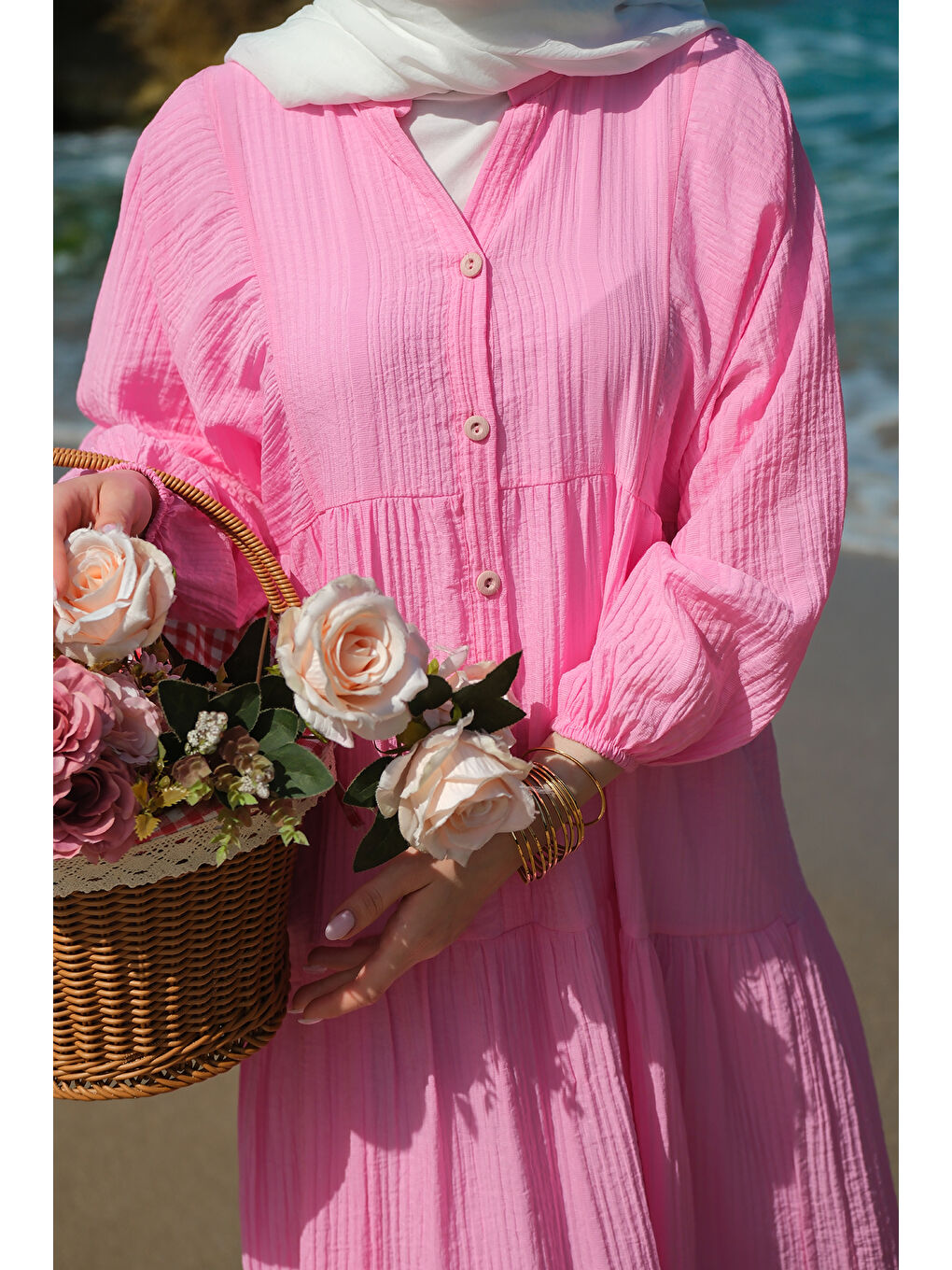 Kadın Kendinden Desenli Elbise Pembe-4