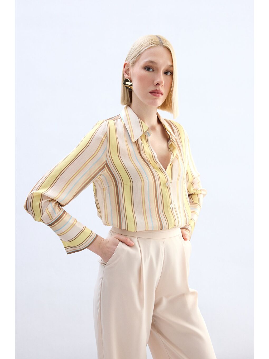 Renkli Çizgili Gömlek - Sarı-4