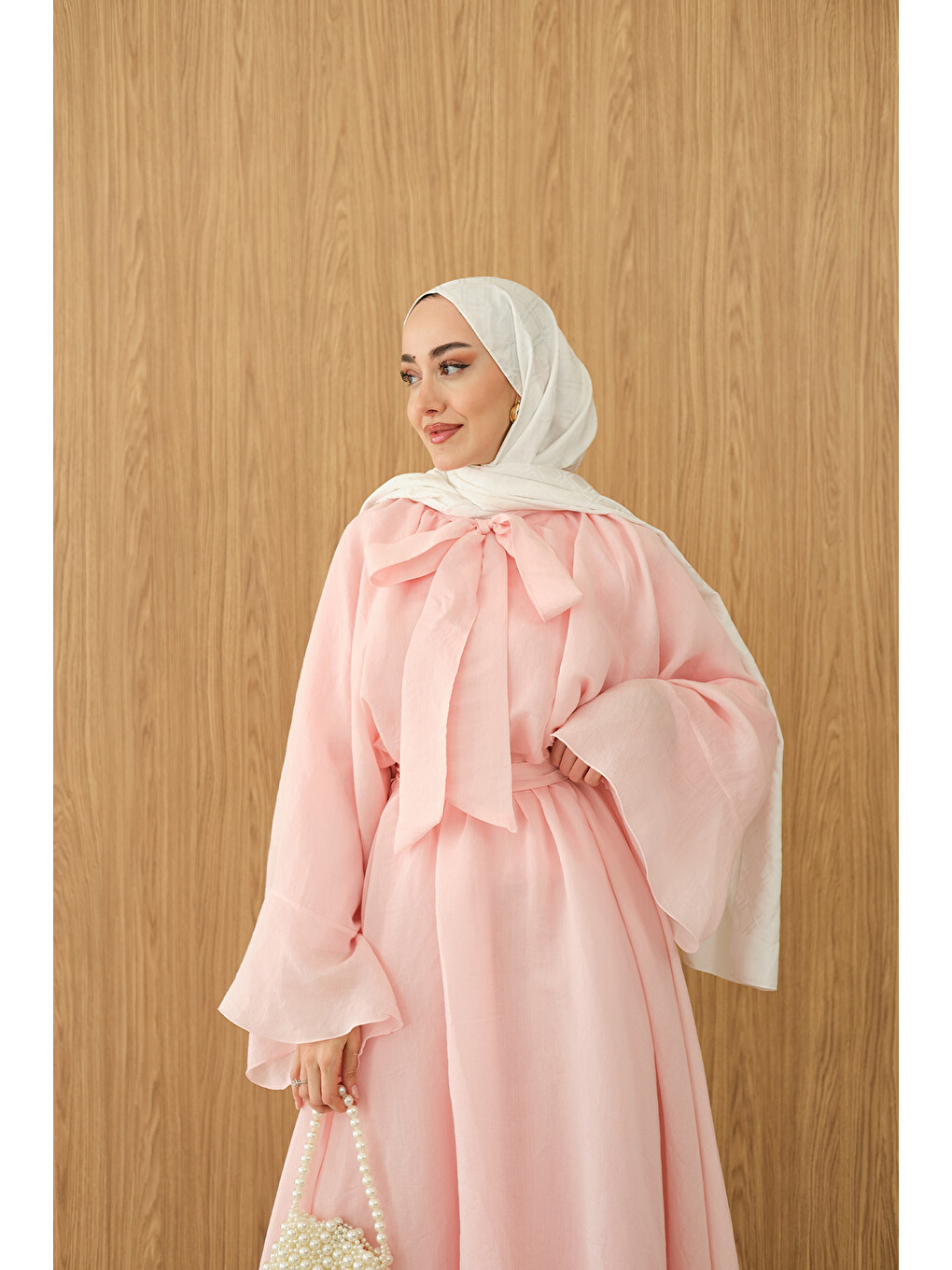 Kadın Tül Kumaş Boyun Bağlamalı Detaylı Bel Bağlamalı Elbise Pembe-2