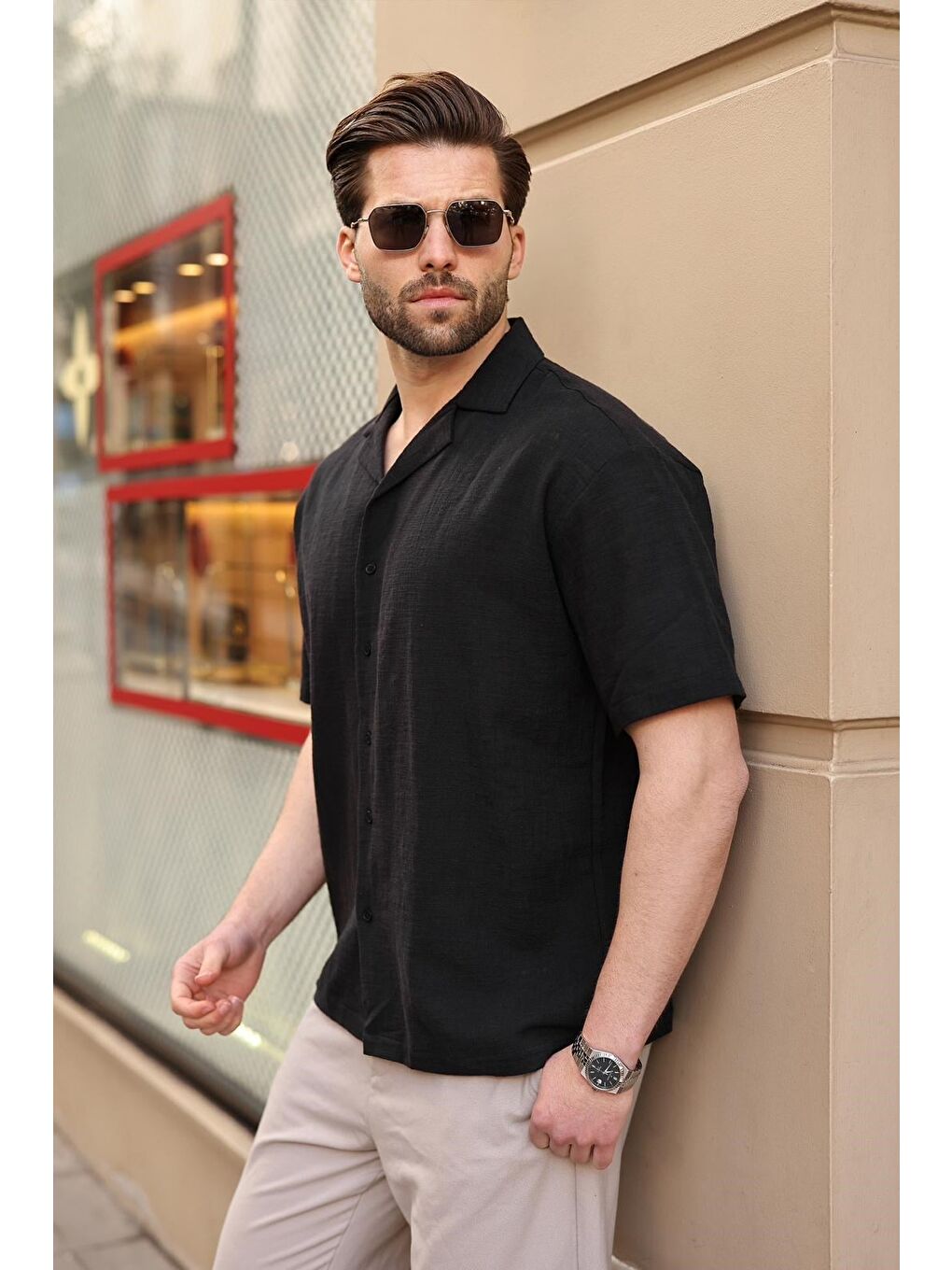 Siyah %100 Pamuklu Rahat Kesim Erkek Gömlek E6773