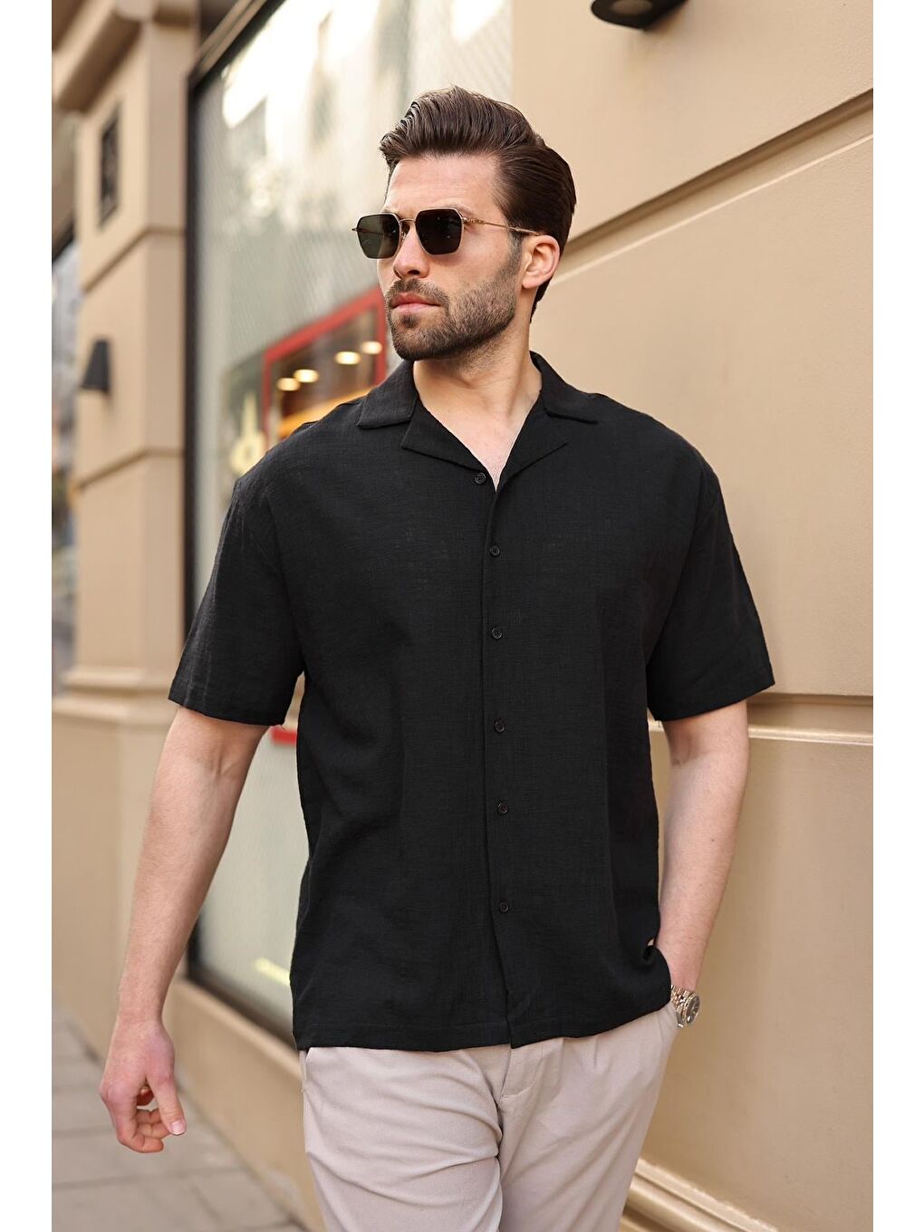 Siyah %100 Pamuklu Rahat Kesim Erkek Gömlek E6773-1