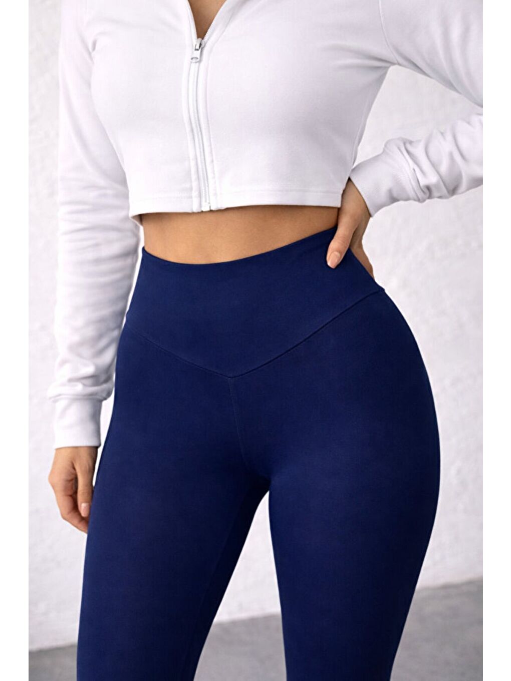 Lacivert Kadın Ekstra Yüksek Çapraz Kemer Bel Dalgıç Kumaş Esnek Spor Rahat Günlük Tayt-1