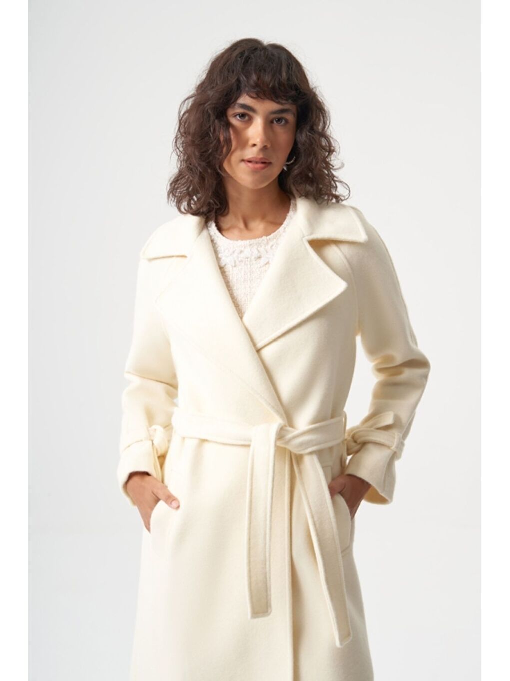 MZL Ekru Uzun Premium Kaşe Kaban