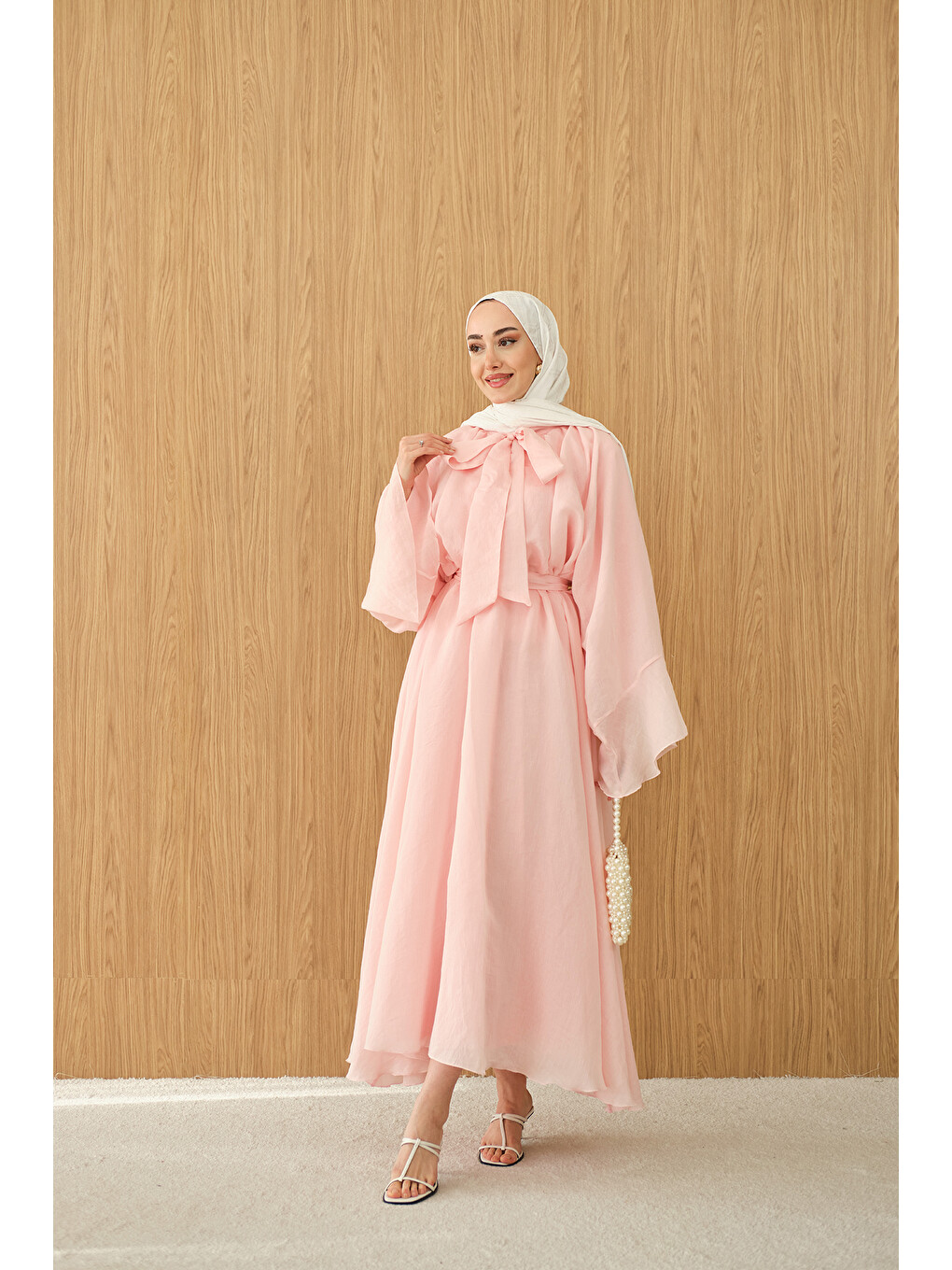 Kadın Tül Kumaş Boyun Bağlamalı Detaylı Bel Bağlamalı Elbise Pembe-3