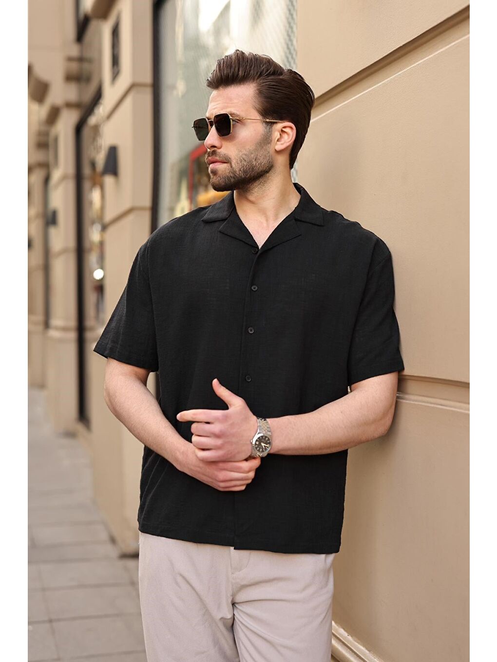 Siyah %100 Pamuklu Rahat Kesim Erkek Gömlek E6773-4