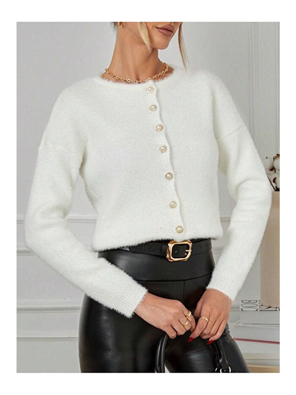 Ekru Kadın İnci Düğmeli Yumuşak Dokulu Kaliteli Triko Yumoş Hırka