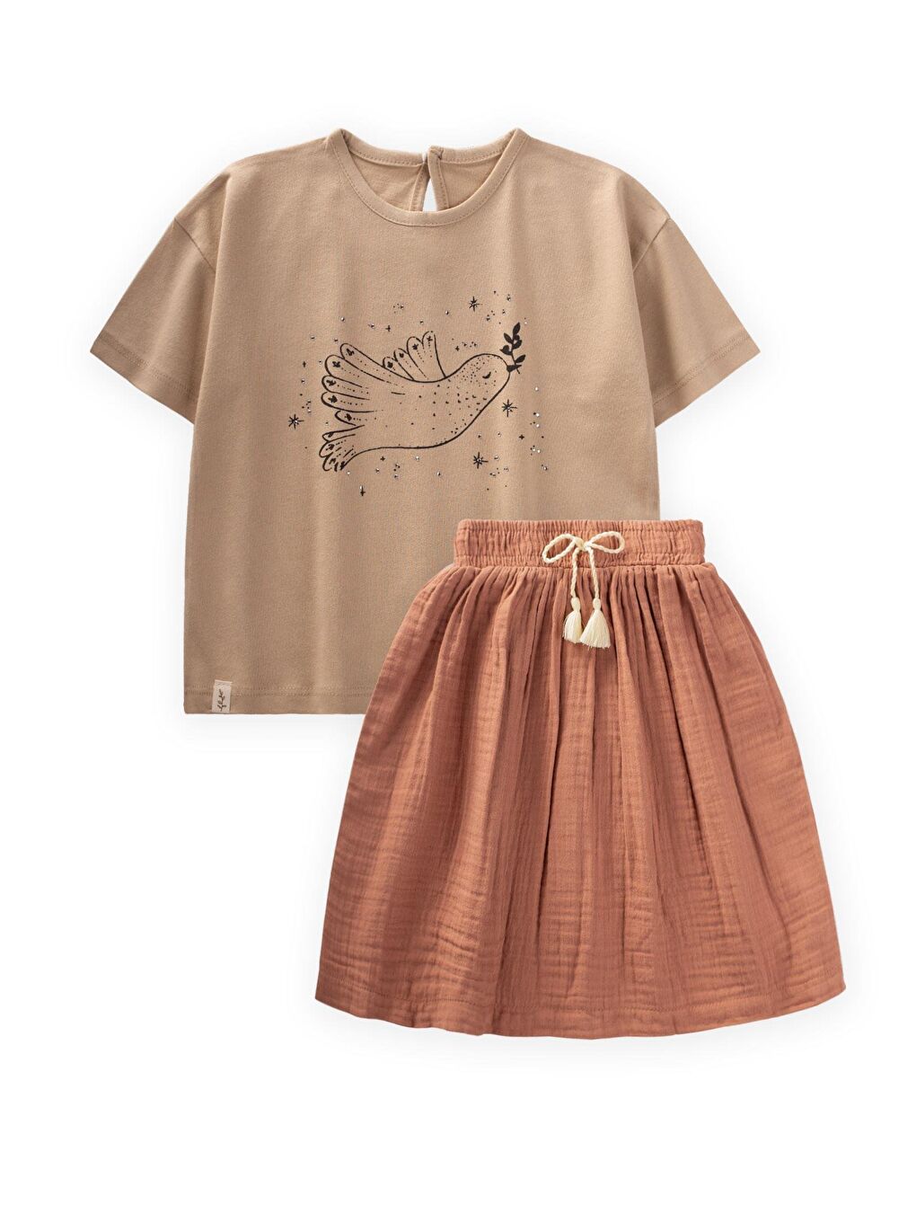Kuş Baskılı Taş Detaylı Müslin Etekli Takım 2-8 Yaş Bej-1