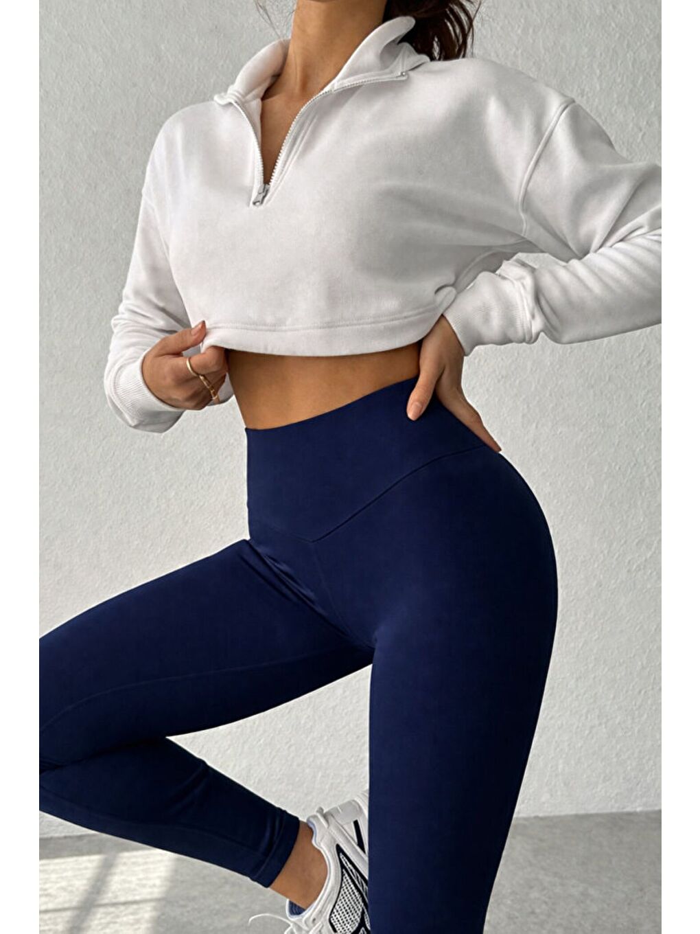 Lacivert Kadın Ekstra Yüksek Çapraz Kemer Bel Dalgıç Kumaş Esnek Spor Rahat Günlük Tayt-2