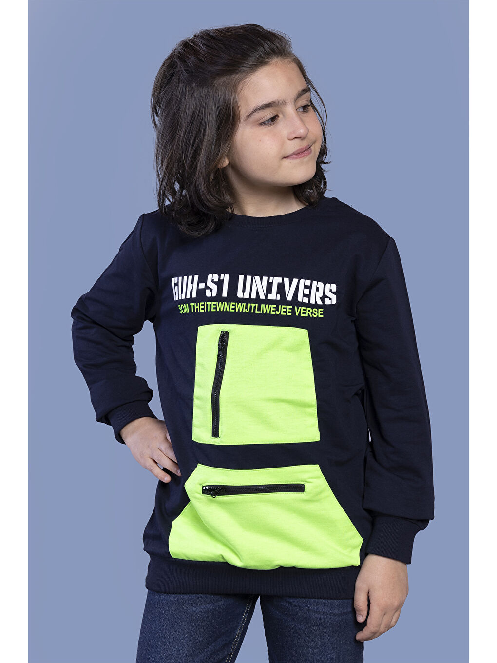 Lacivert Erkek Çocuk Baskılı Neon Cepli Sweatshirt