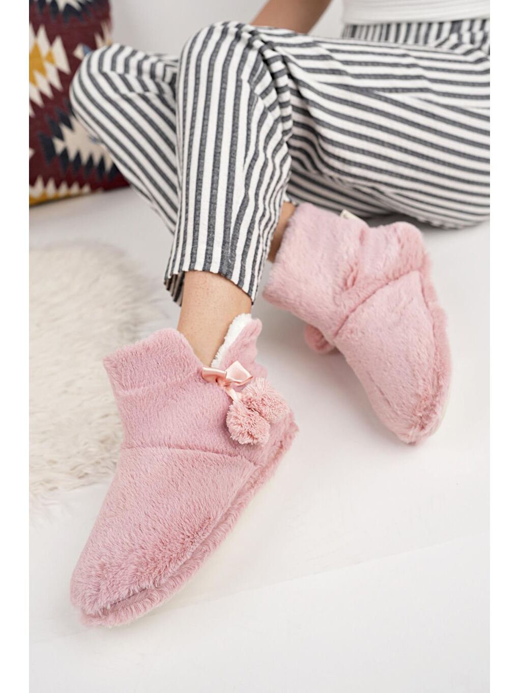 Pembe RP-Çinçila Kadın Panduf Ev Botu Ev Ayakkabısı-1