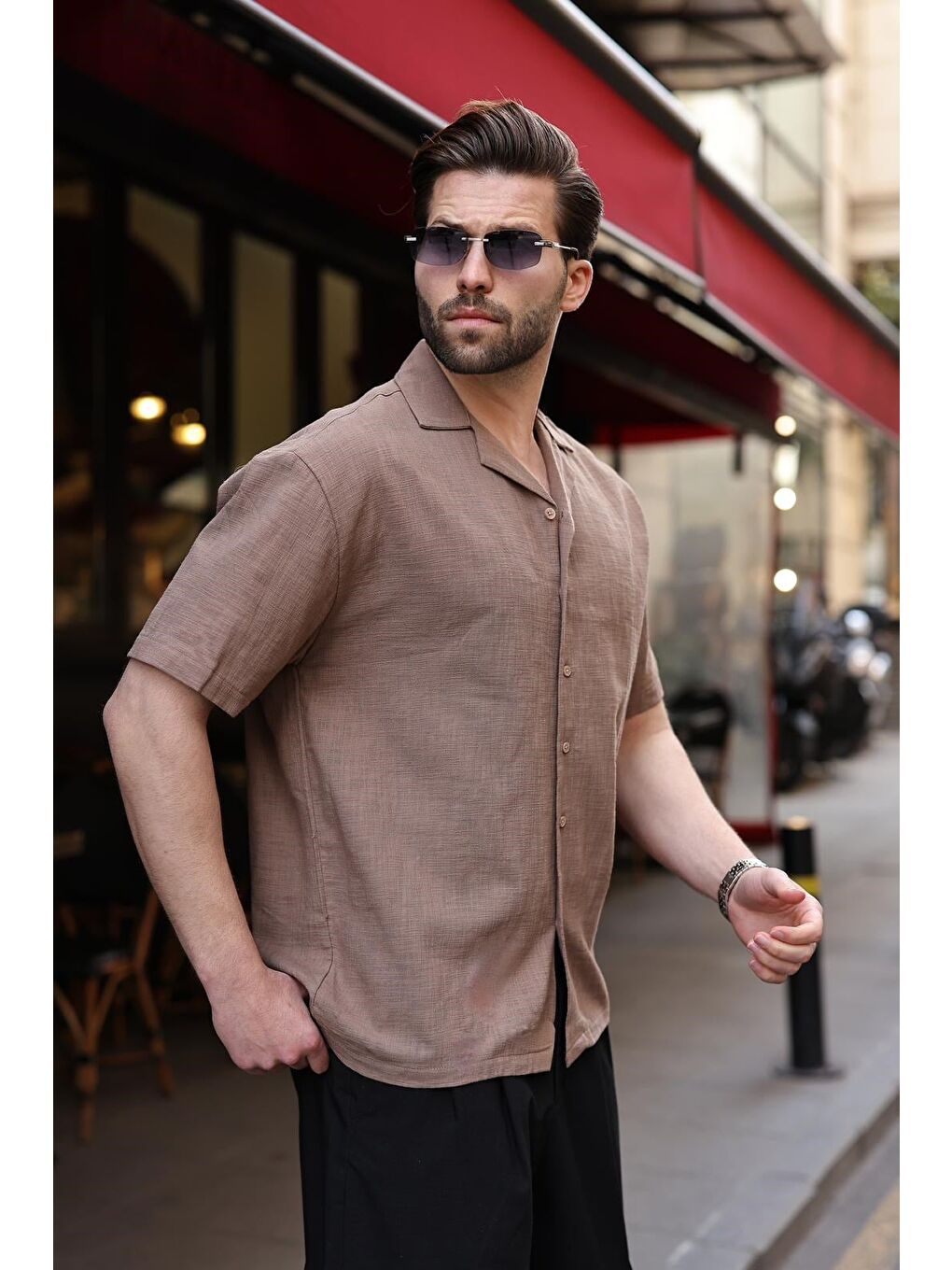 Kahverengi %100 Pamuklu Rahat Kesim Erkek Gömlek E6773-1