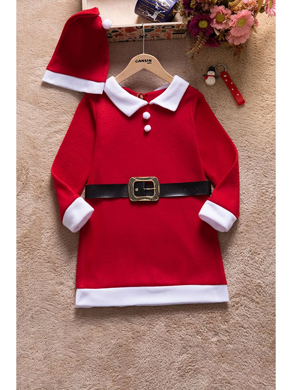 Kırmızı Kız Çocuk Yılbaşı Temalı Şapkalı Elbise 23326-2