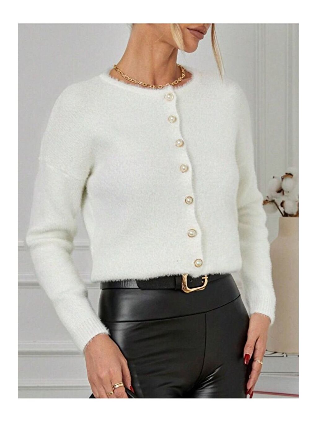 Ekru Kadın İnci Düğmeli Yumuşak Dokulu Kaliteli Triko Yumoş Hırka-1