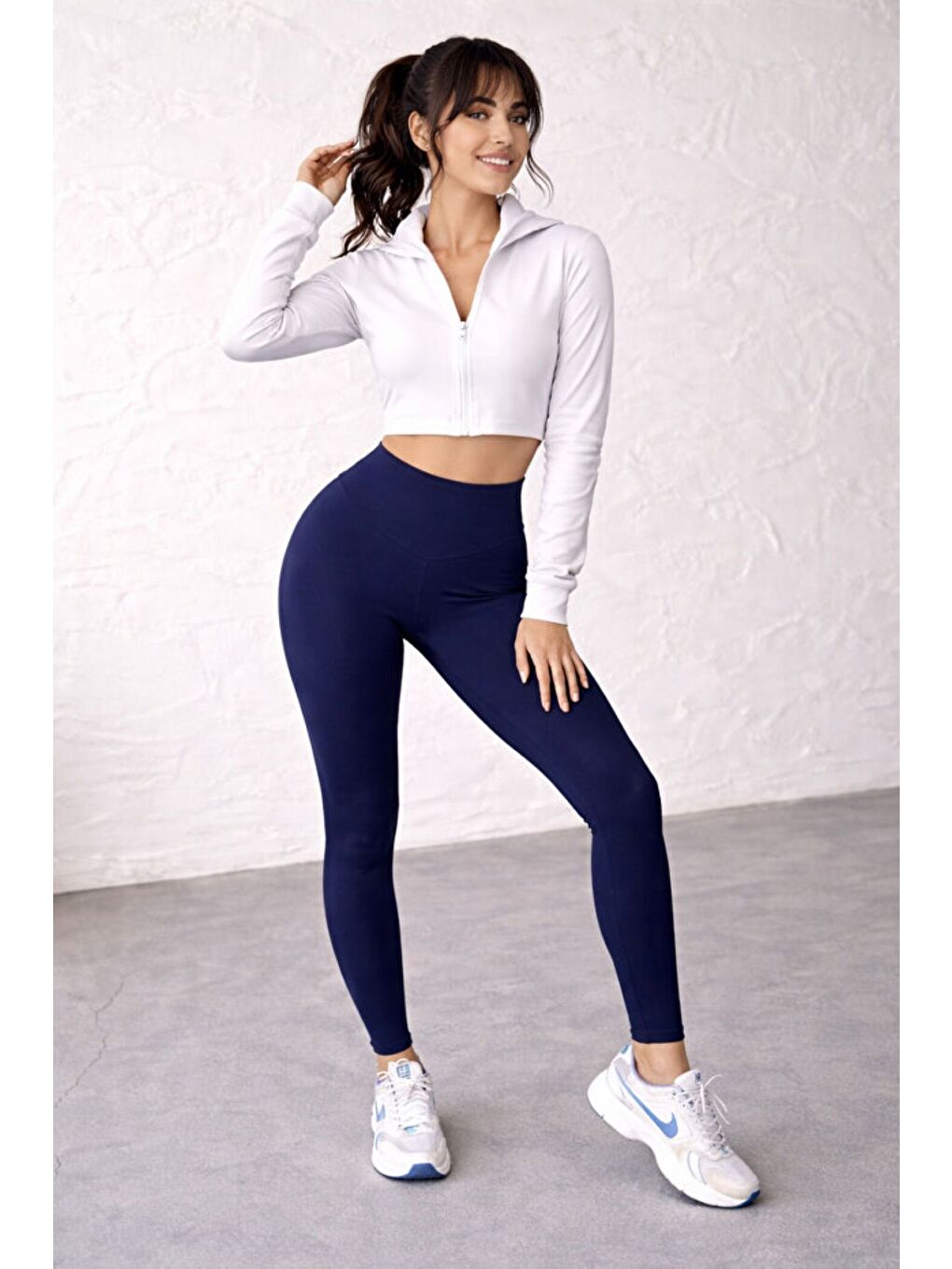 Lacivert Kadın Ekstra Yüksek Çapraz Kemer Bel Dalgıç Kumaş Esnek Spor Rahat Günlük Tayt-3