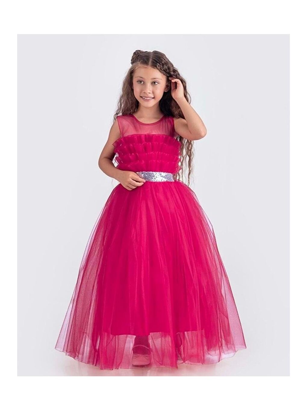 Fuşya Sapes Model Sırt Gipeli Tüllü Kız Çocuk Askılı Saten Abiye MNK0618