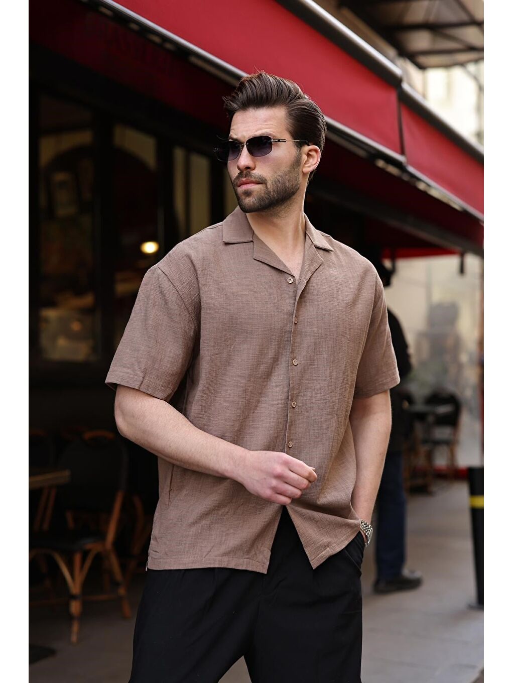 Kahverengi %100 Pamuklu Rahat Kesim Erkek Gömlek E6773-4