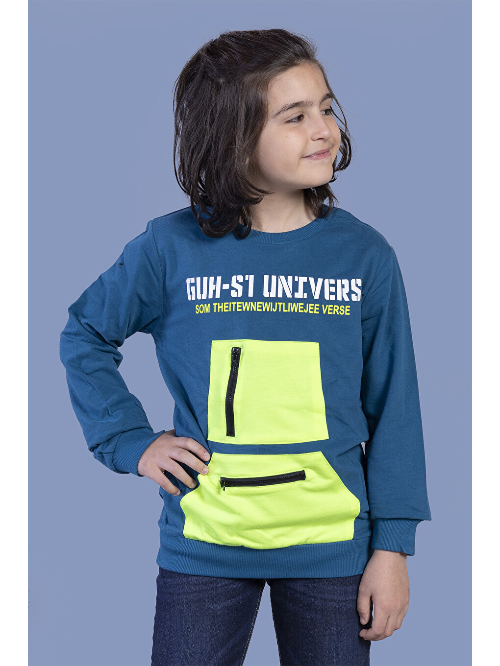 Petrol Erkek Çocuk Baskılı Neon Cepli Sweatshirt-1