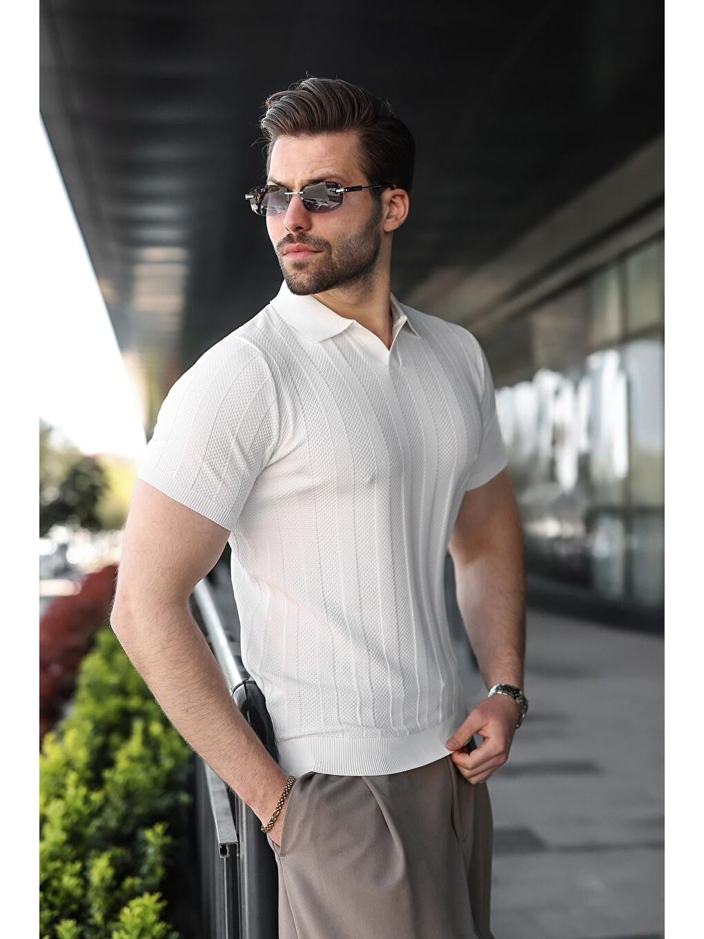 Beyaz Slim Fit Polo Yaka Triko Erkek Tişört E7491