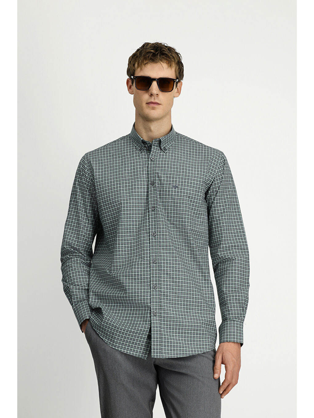 Yeşil Uzun Kol Regular Fit Ekose Düğmeli Yaka Cepli Pamuk Gömlek