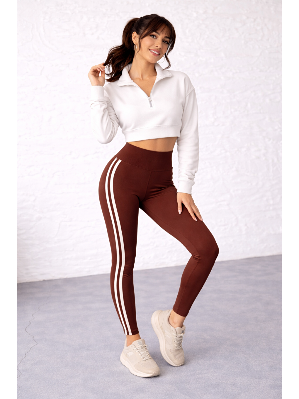 Kahverengi Kadın Ekstra Yüksek Bel Şeritli Dalgıç Kumaş Esnek Spor Rahat Günlük Tayt-1