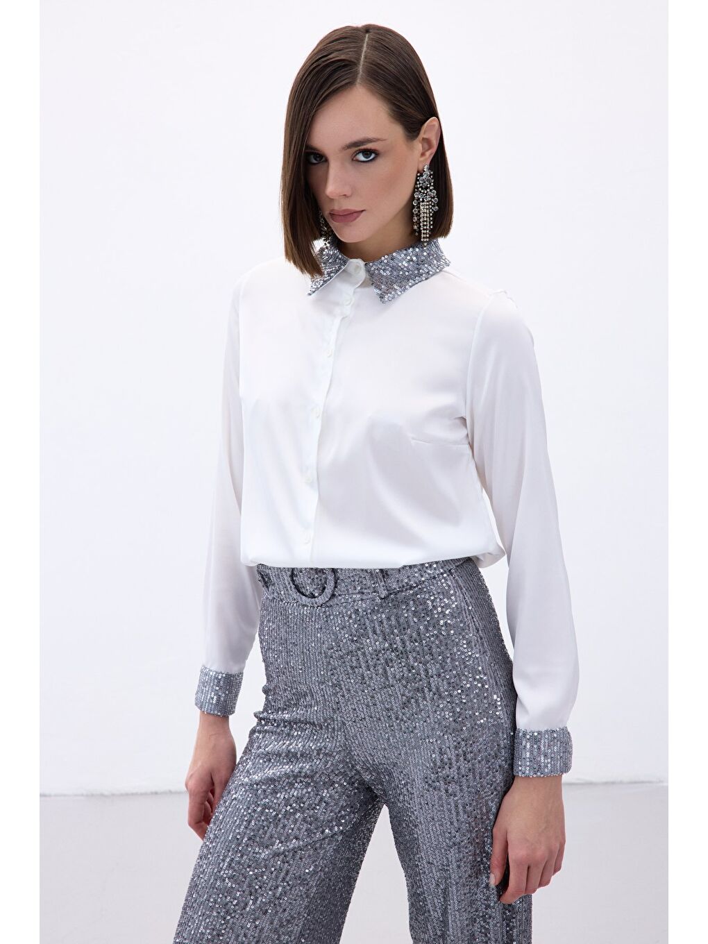 Payet Detaylı Saten Gömlek - Gri-1