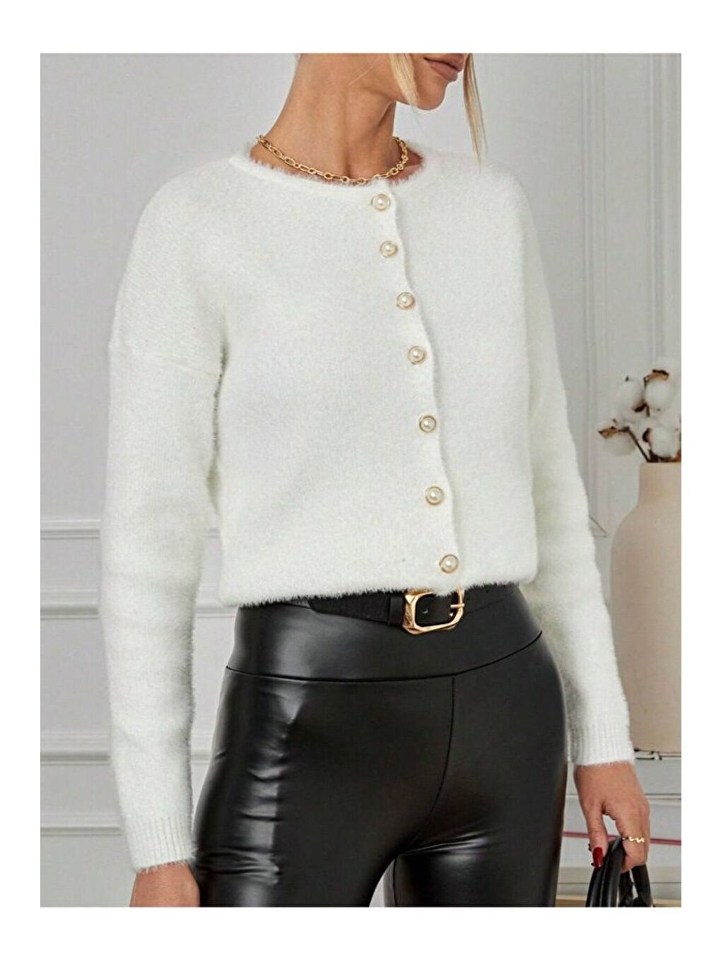 Ekru Kadın İnci Düğmeli Yumuşak Dokulu Kaliteli Triko Yumoş Hırka-2