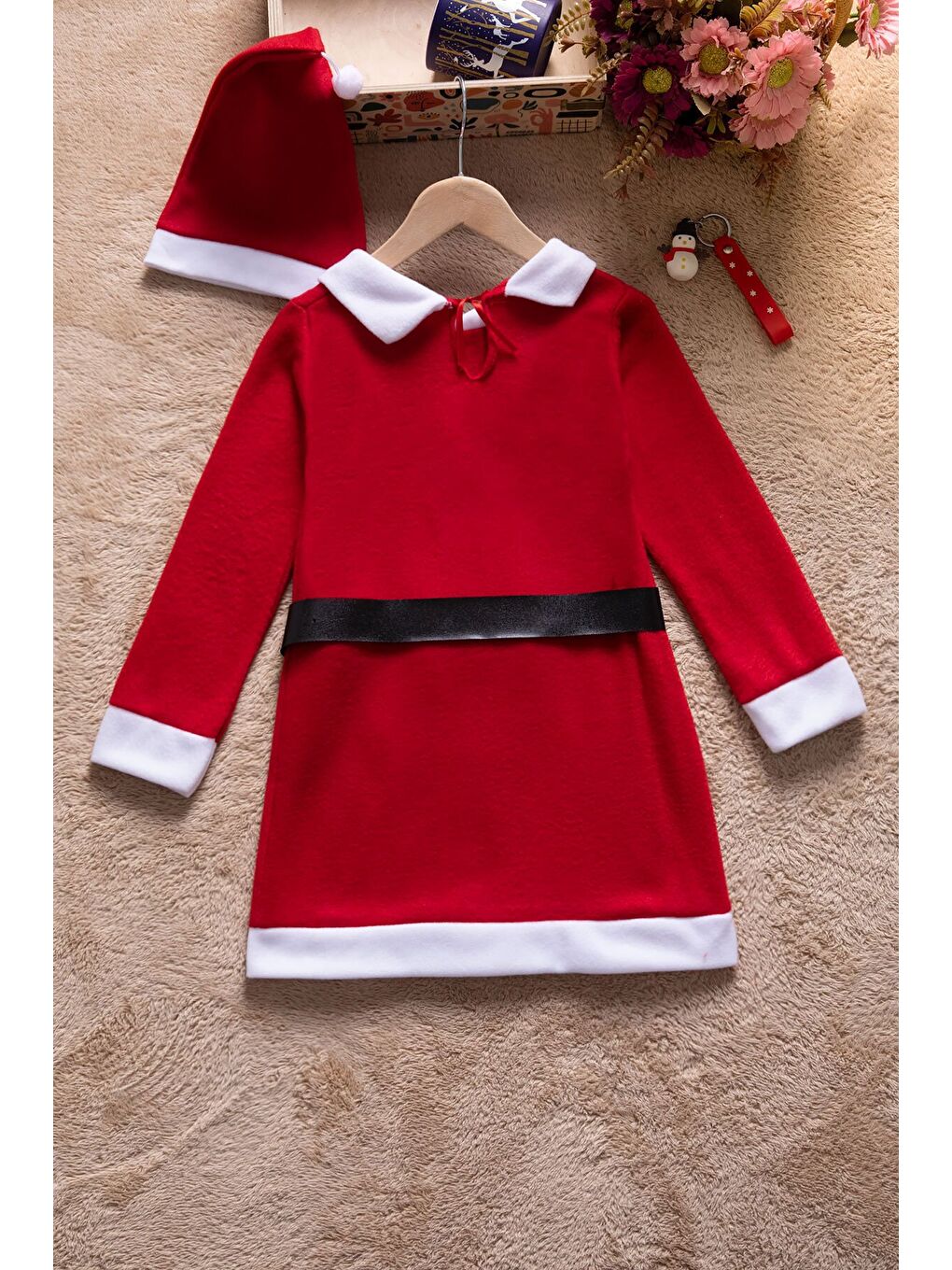 Kırmızı Kız Çocuk Yılbaşı Temalı Şapkalı Elbise 23326-4