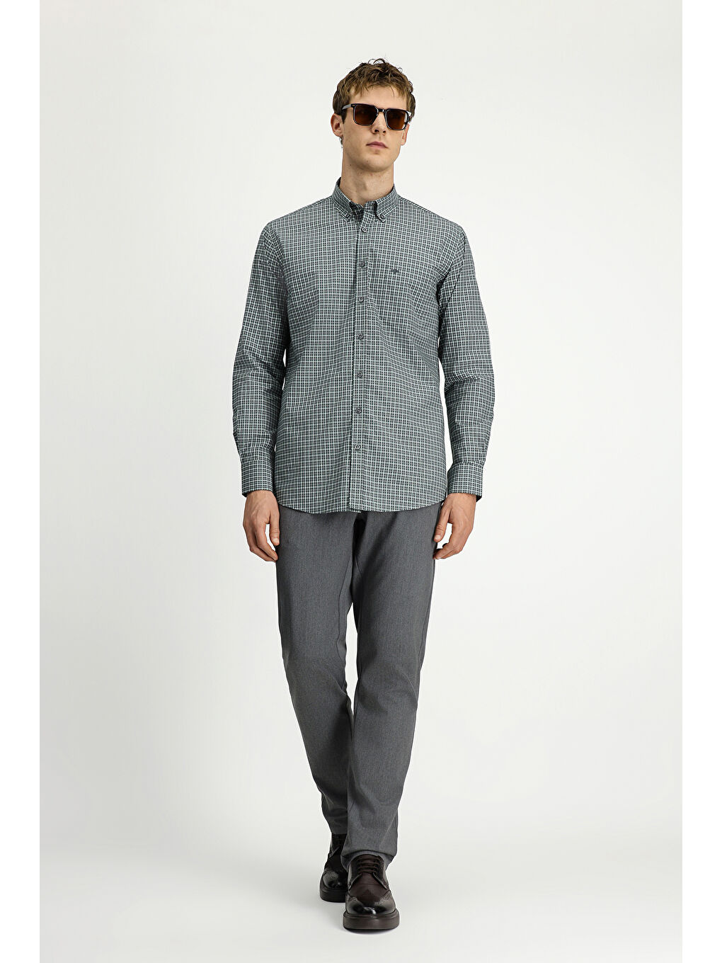 Yeşil Uzun Kol Regular Fit Ekose Düğmeli Yaka Cepli Pamuk Gömlek-1