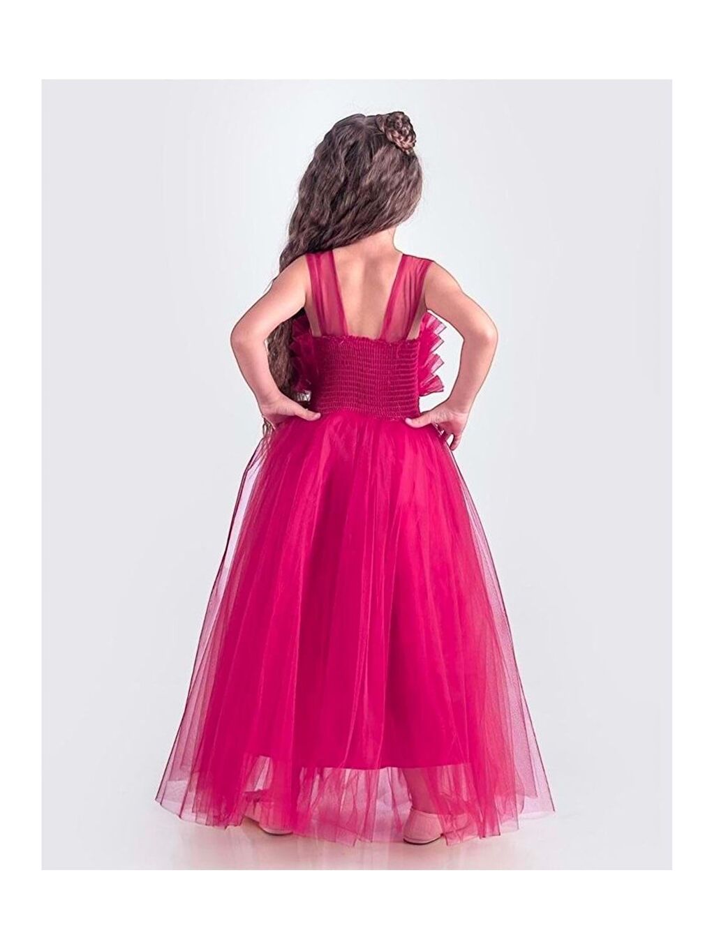 Fuşya Sapes Model Sırt Gipeli Tüllü Kız Çocuk Askılı Saten Abiye MNK0618-1