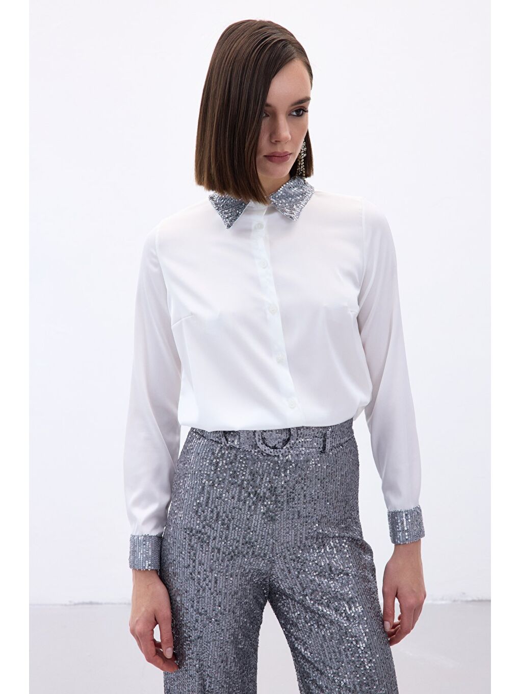 Payet Detaylı Saten Gömlek - Gri-2
