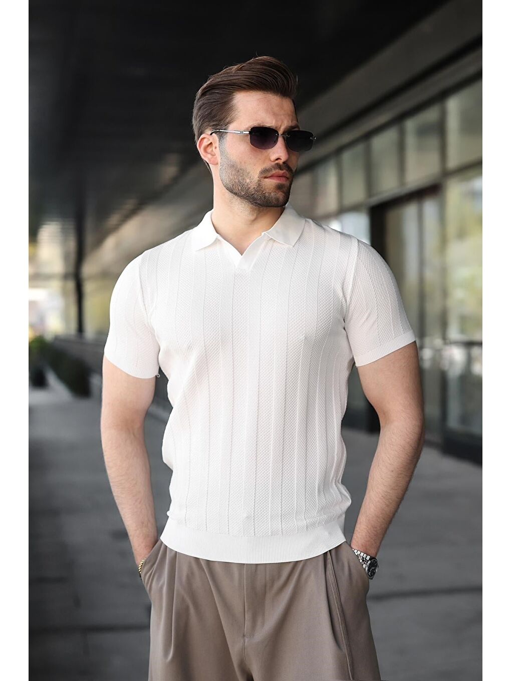 Beyaz Slim Fit Polo Yaka Triko Erkek Tişört E7491-1
