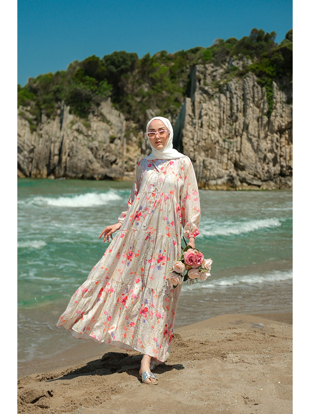 Ekru Kadın Yaprak Ve Çicek Desenli Elbise Krem-1