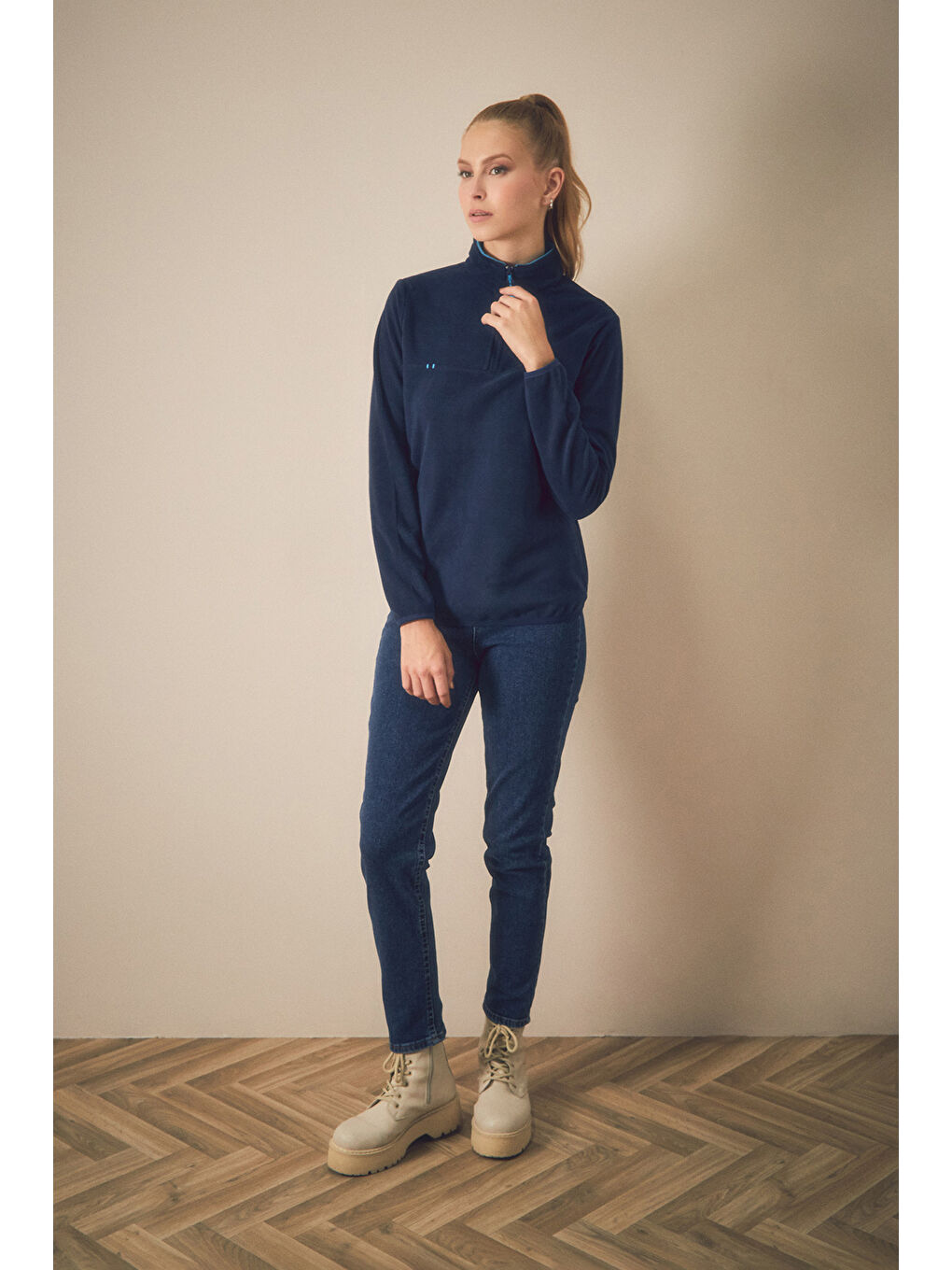 Fullamoda Lacivert Basic Yarım Fermuarlı Dik Yaka Polar Sweatshirt - 2