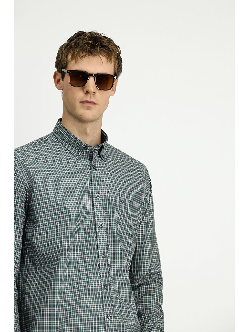 Yeşil Uzun Kol Regular Fit Ekose Düğmeli Yaka Cepli Pamuk Gömlek-2