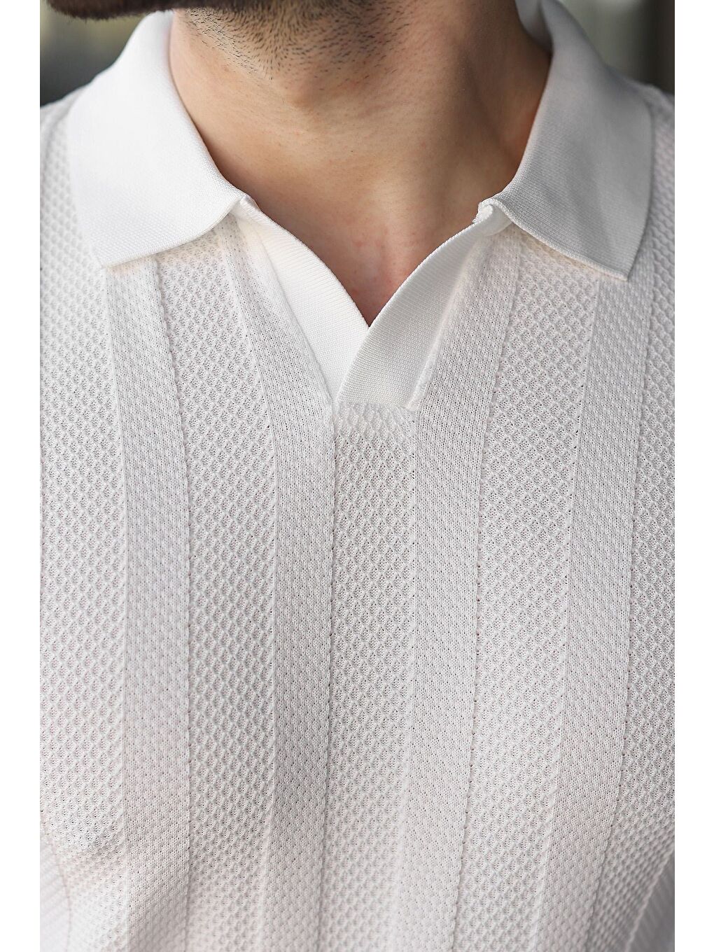 Beyaz Slim Fit Polo Yaka Triko Erkek Tişört E7491-2