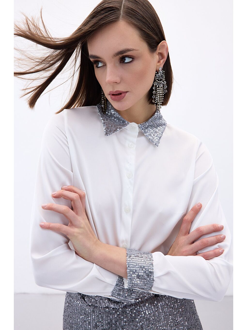 Payet Detaylı Saten Gömlek - Gri-4