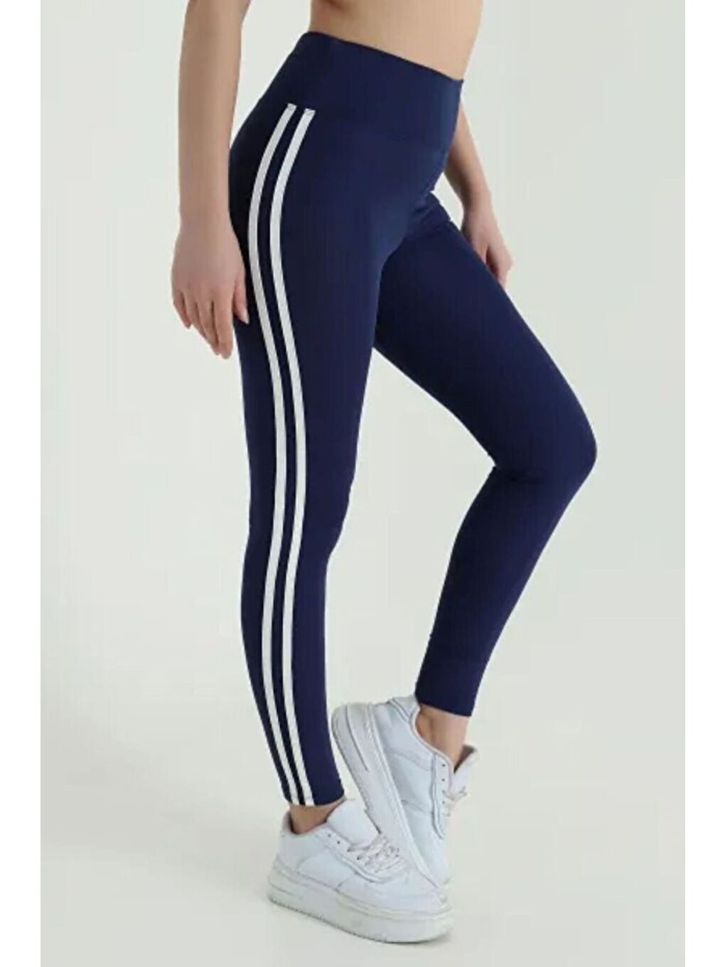 Lacivert Kadın Ekstra Yüksek Bel Şeritli Dalgıç Kumaş Esnek Spor Rahat Günlük Tayt-1