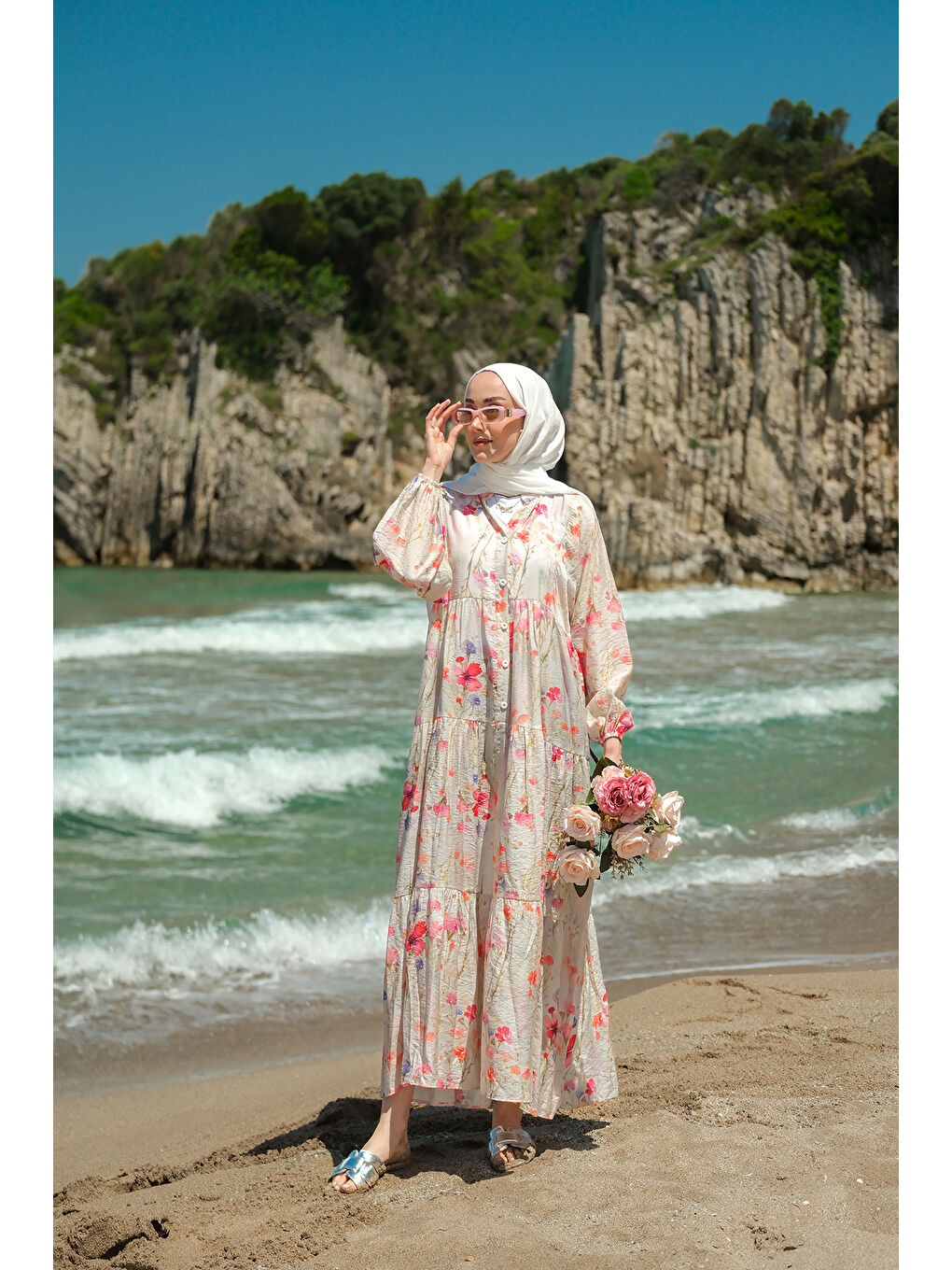 Ekru Kadın Yaprak Ve Çicek Desenli Elbise Krem-2