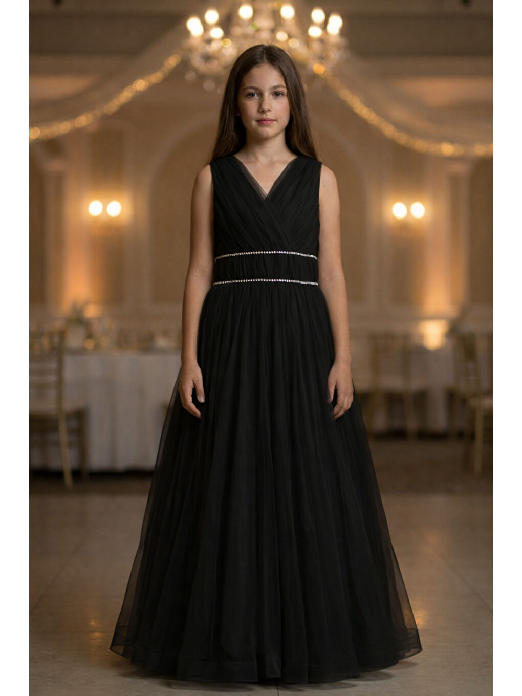 Siyah Kız Çocuk V Yaka Beli Taş İşleme Detaylı Tüllü Uzun Abiye  ABY2027-1