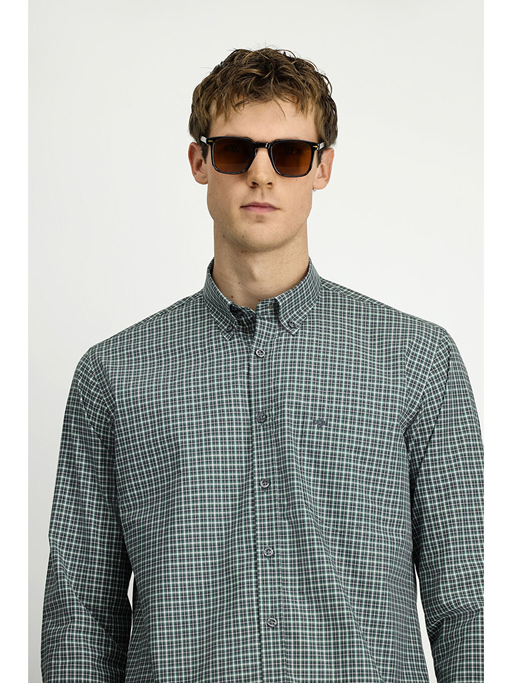 Yeşil Uzun Kol Regular Fit Ekose Düğmeli Yaka Cepli Pamuk Gömlek-3