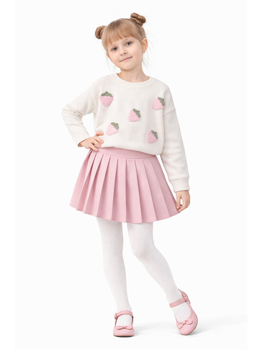 Pembe Kız Çocuk Çilek Desenli Üst Pileli Etek Kombin Ak14527