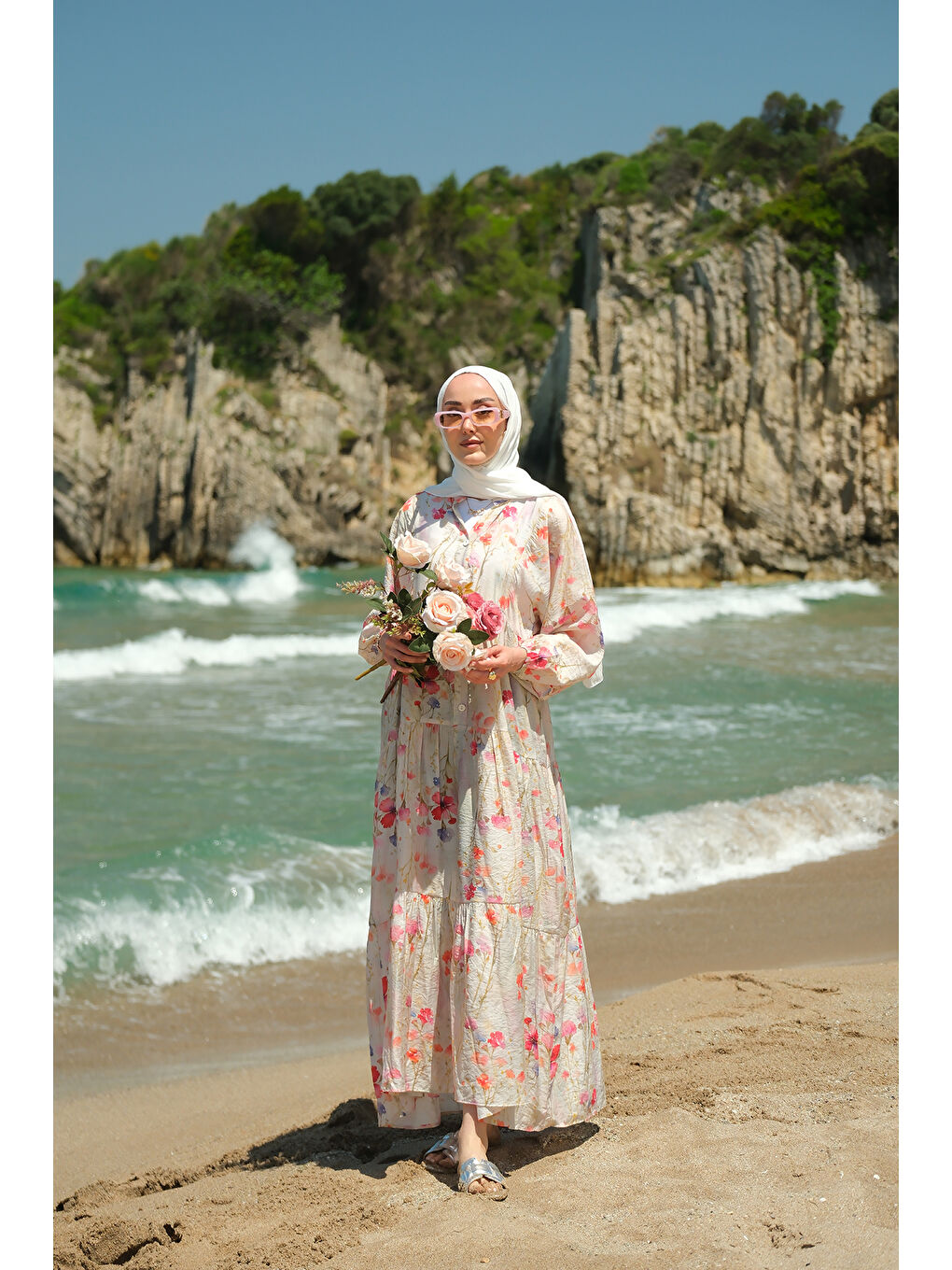 Ekru Kadın Yaprak Ve Çicek Desenli Elbise Krem-3