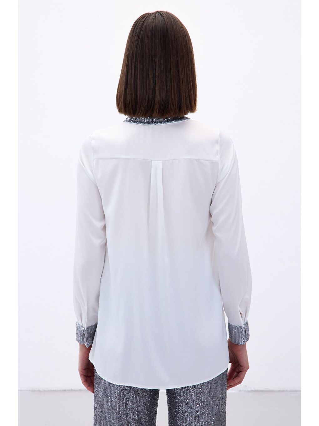 Payet Detaylı Saten Gömlek - Gri-6