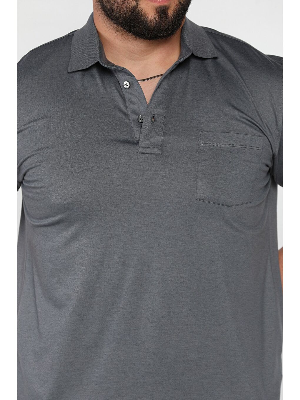 Gri Polo Yaka Yarım Düğmeli Cepli Erkek Tişört-3