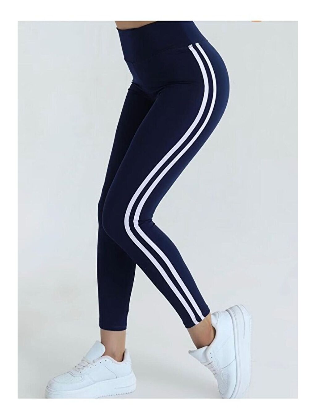 Lacivert Kadın Ekstra Yüksek Bel Şeritli Dalgıç Kumaş Esnek Spor Rahat Günlük Tayt-2