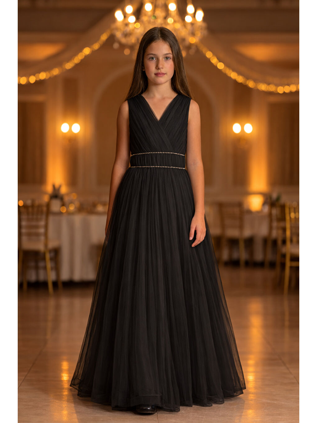 Siyah Kız Çocuk V Yaka Beli Taş İşleme Detaylı Tüllü Uzun Abiye  ABY2027-2