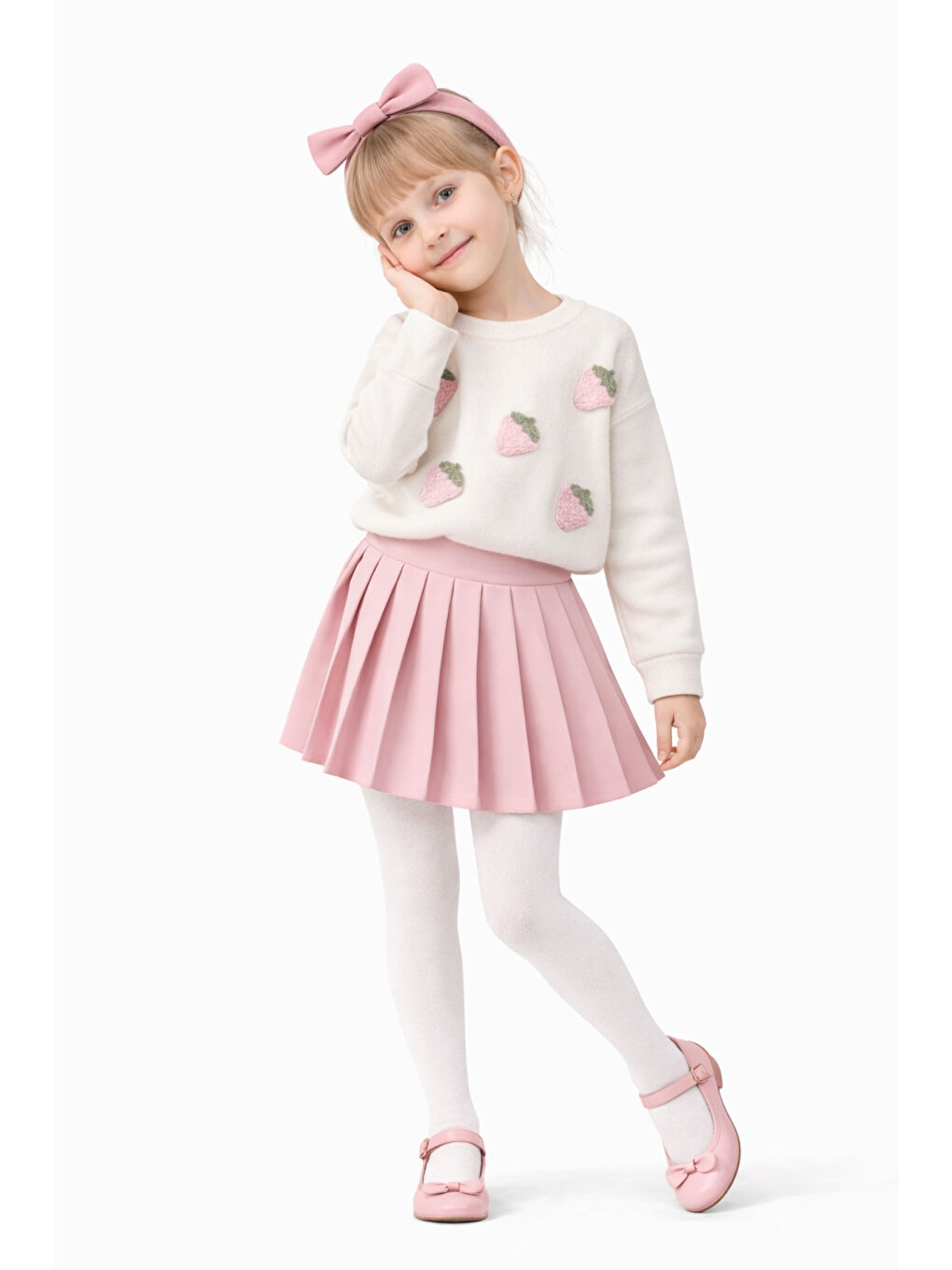 Pembe Kız Çocuk Çilek Desenli Üst Pileli Etek Kombin Ak14527-1