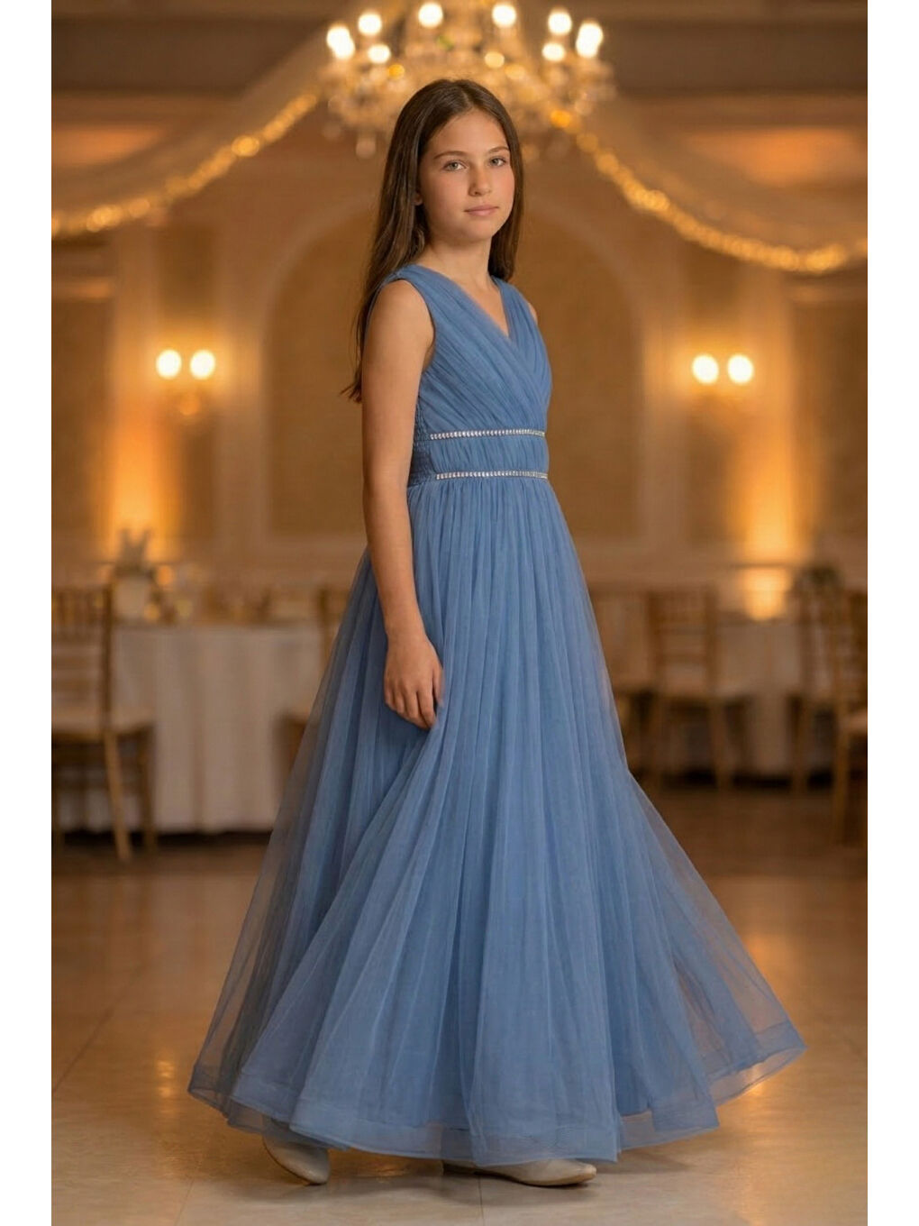 Mavi Kız Çocuk V Yaka Beli Taş İşleme Detaylı Tüllü Uzun Abiye  ABY2027